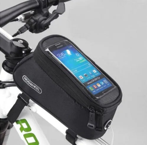 ROSWHEEL PVC bicycle frame bag for iPhone smartphones mounted on bicycle frame in black colour