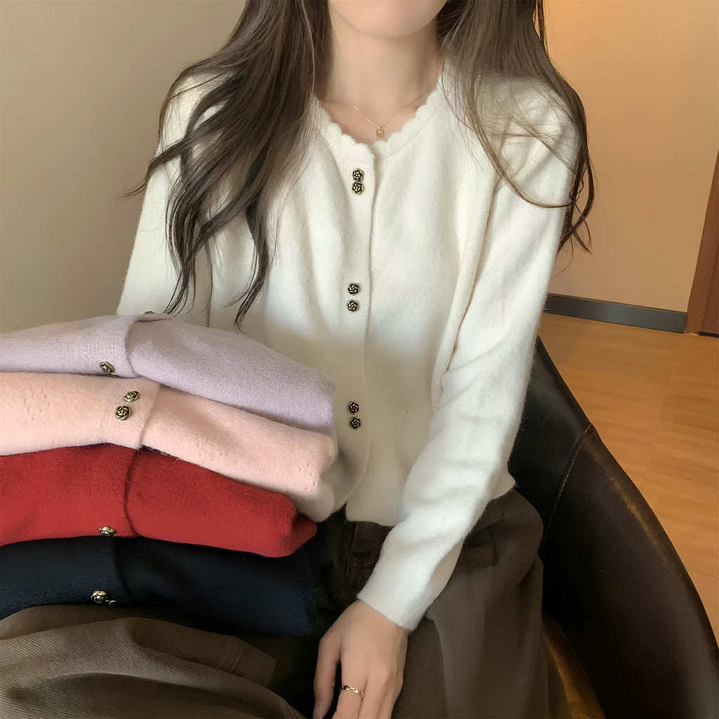 Women's long-sleeved acrylic cardigan sweater in milky white colour