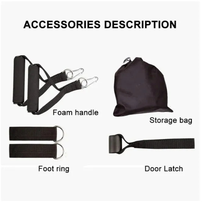 Latex resistance band set with colour-coded pull ropes, handles, foot rings, door buckle, storage bag