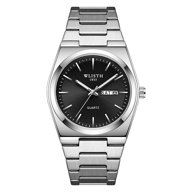 Waterproof luminous quartz ultra-thin men's watch with gold case and silver stripes, 10mm thickness, on display.