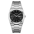 Waterproof luminous quartz ultra-thin men's watch with gold case and silver stripes, 10mm thickness, on display.