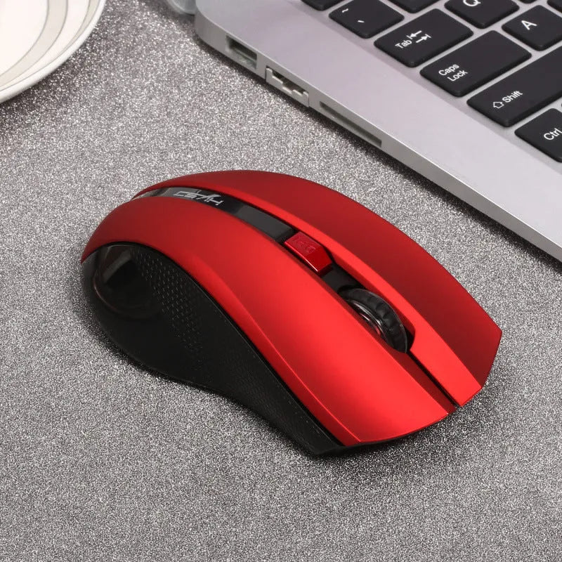 Black wireless optical mouse with 2400 DPI ergonomic design and four-way wheel for laptop or office use