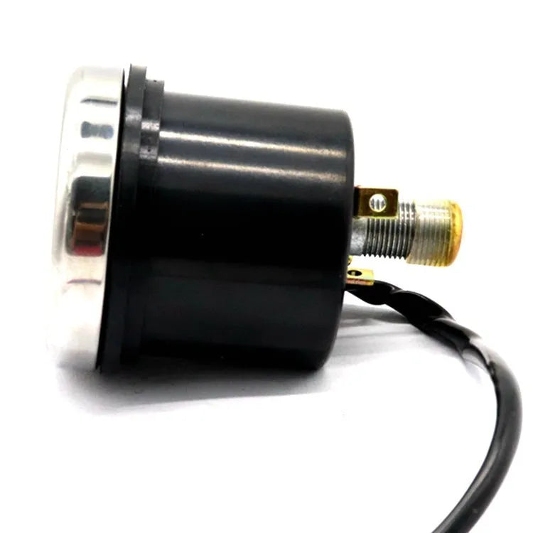 Black round motorcycle mechanical speedometer with dual kilometer and mile scales, 61.5mm diameter, 12V