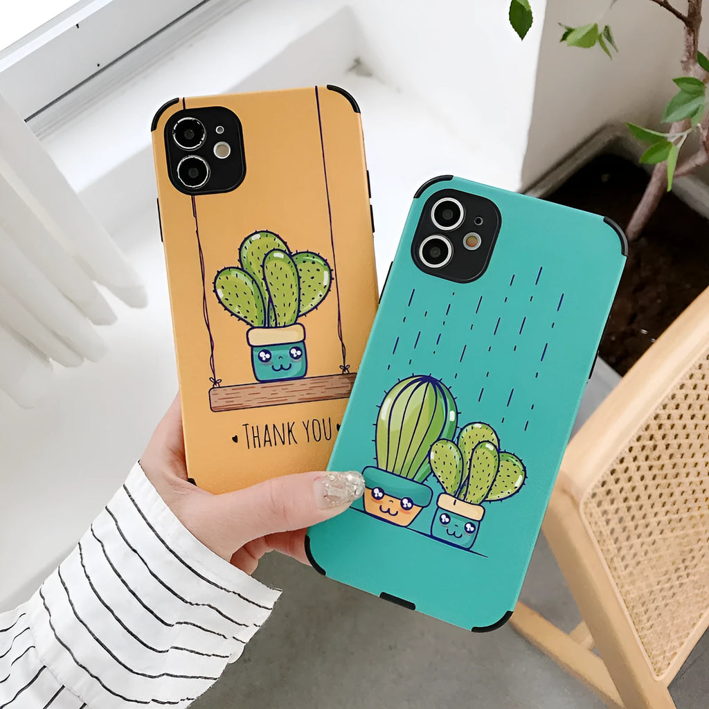 Cactus embossed iPhone case in blue or khaki, TPU and leather back cover with cartoon cactus design