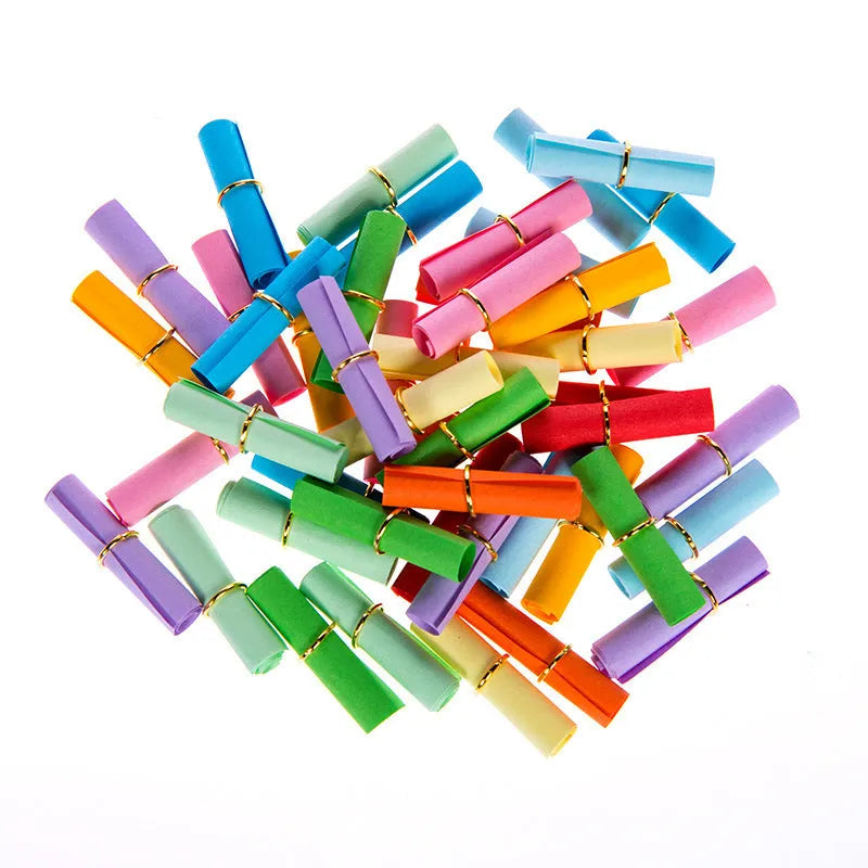 Assorted coloured paper scrolls in small sizes with a metal eyelet for hanging.