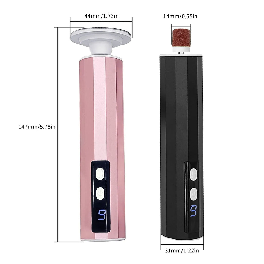 USB-powered electric callus remover foot file with multiple grinding wheels in black, pink, and purple colour options.