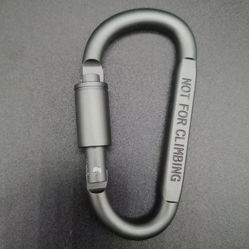 Aluminium D-shaped carabiner with lock shown in multiple colour options including black, silver, red, and blue.