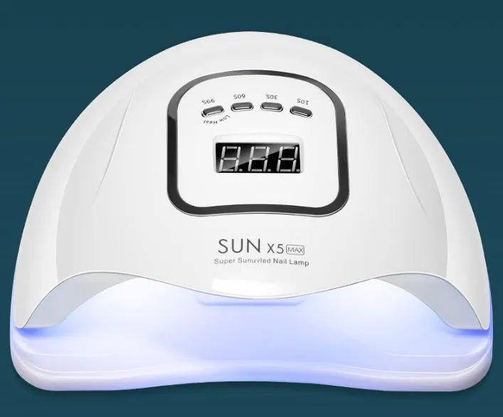 White nail polish drying lamp with dual UV LED light sources and multiple timer buttons