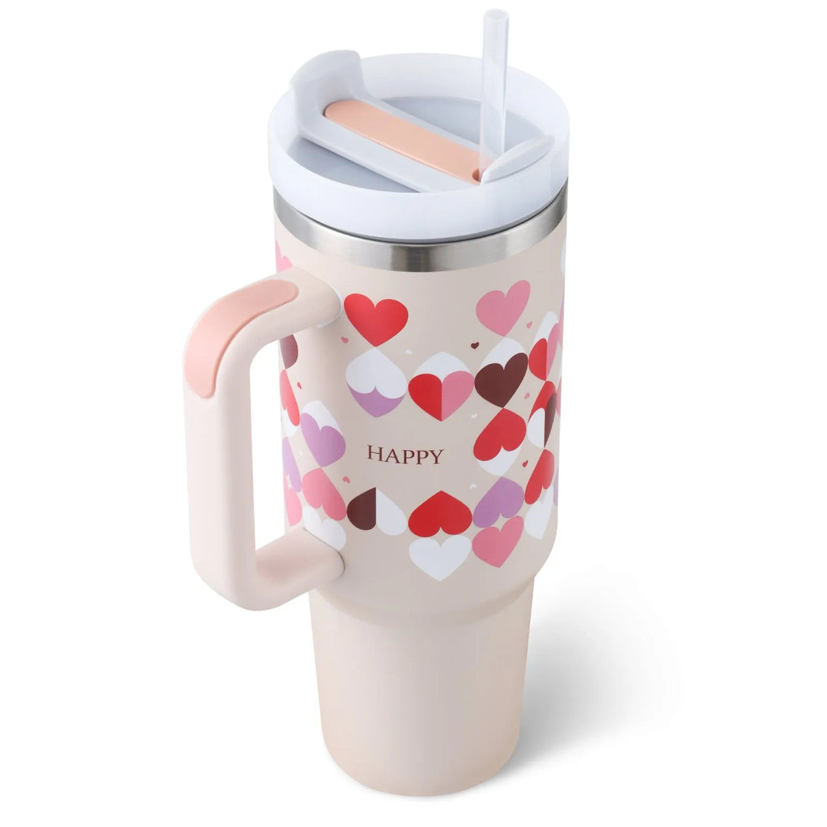 40 oz insulated stainless steel tumbler with handle straw and spill proof lid in a tapered design for car or gym use