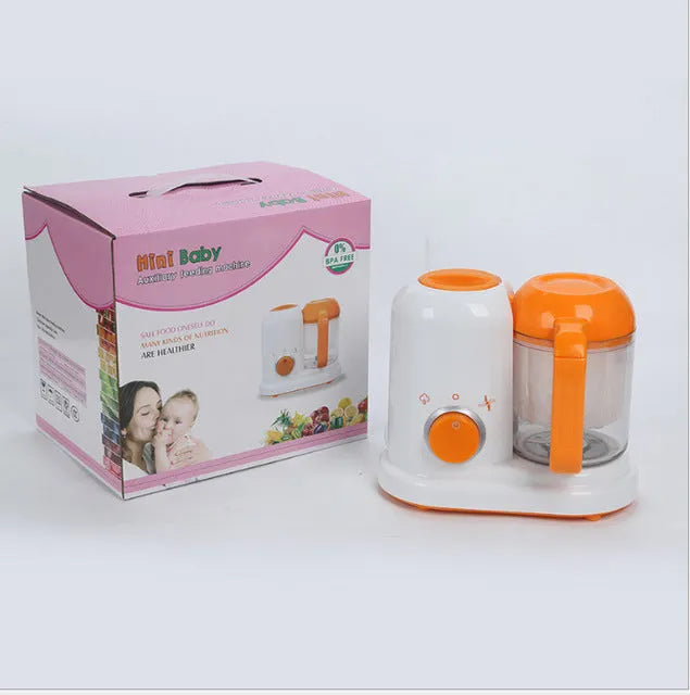 Multi-function baby food processor in light green or light pink, 190ml capacity, 23x12.8x20cm, with steam, blend and heat functions.