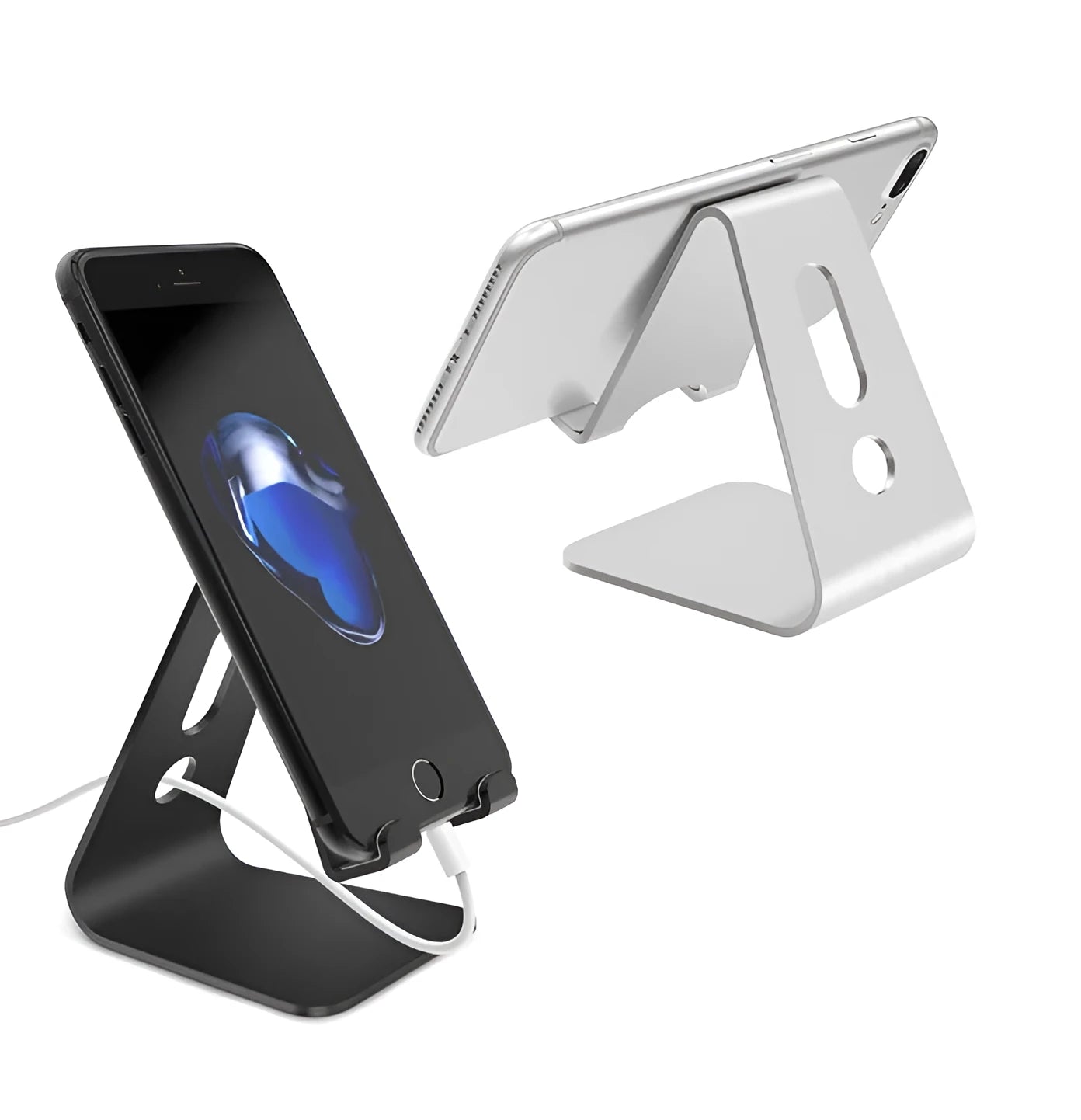 Universal aluminium alloy phone and tablet stand in black, red, rose gold, and silver colour options.