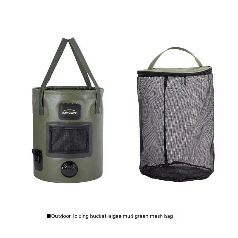 Portable folding fishing bucket in various colours with 25-litre capacity and foldable design