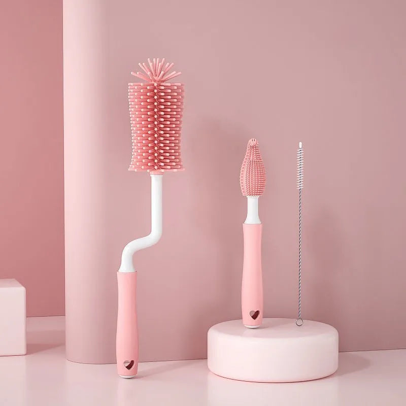 Baby bottle cleaning brush set with silicone heads for bottles and straws in blue pink yellow colours