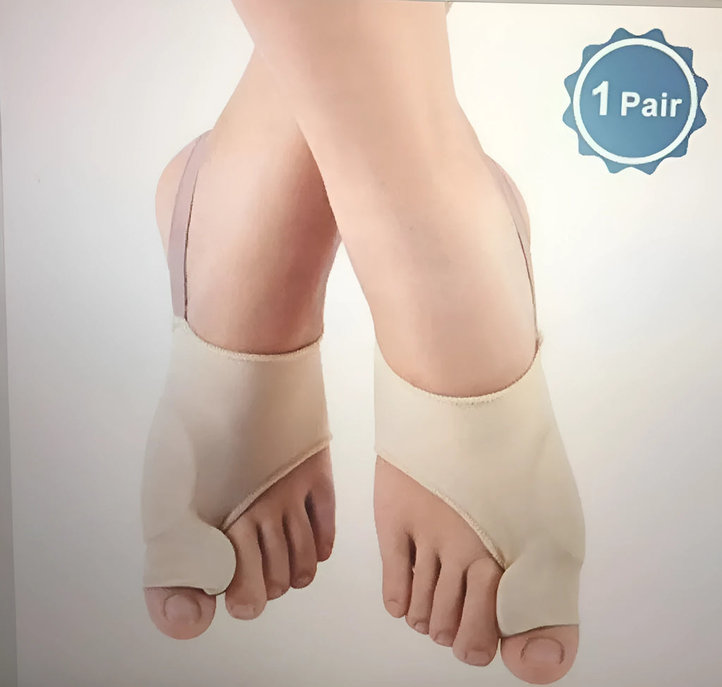 Corrective toe socks with silicone gel toe separator for bunion pain relief in sizes S, M, and L.