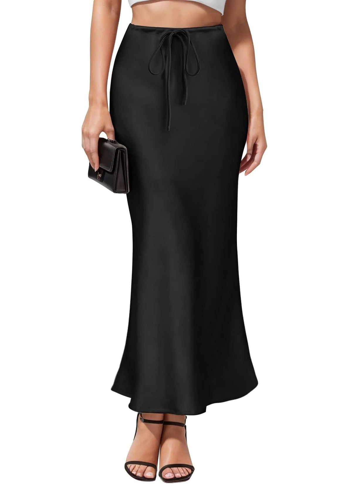Asymmetric high waist skirt in acetate satin fabric with irregular stitching detail, shown in a choice of colours.
