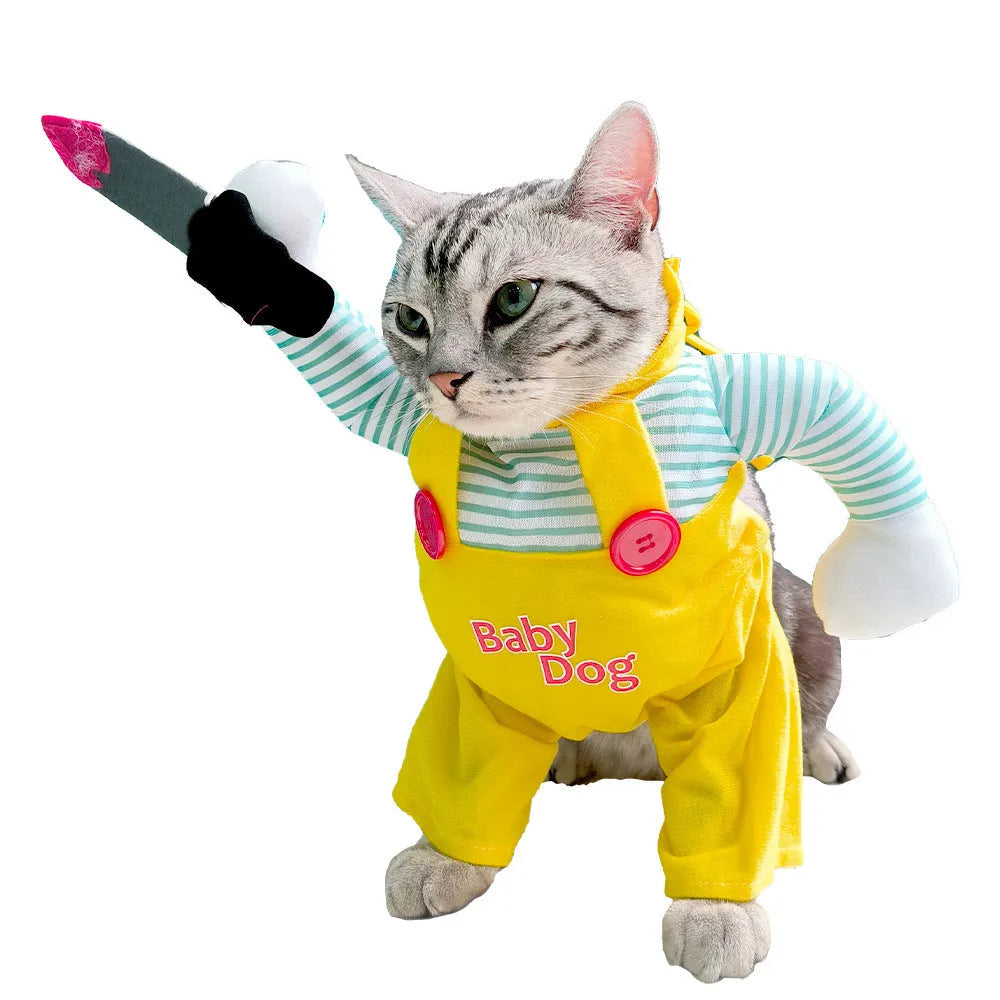 Yellow sword pattern cat costume on pet mannequin showing assassin theme with four size options