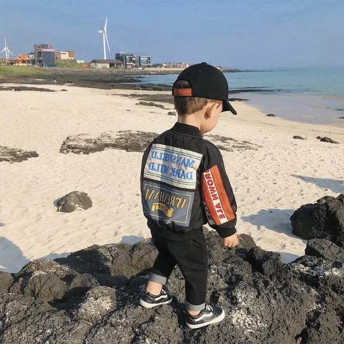 Boys children's PU jacket in black, short length cotton construction, leather-look casual outwear