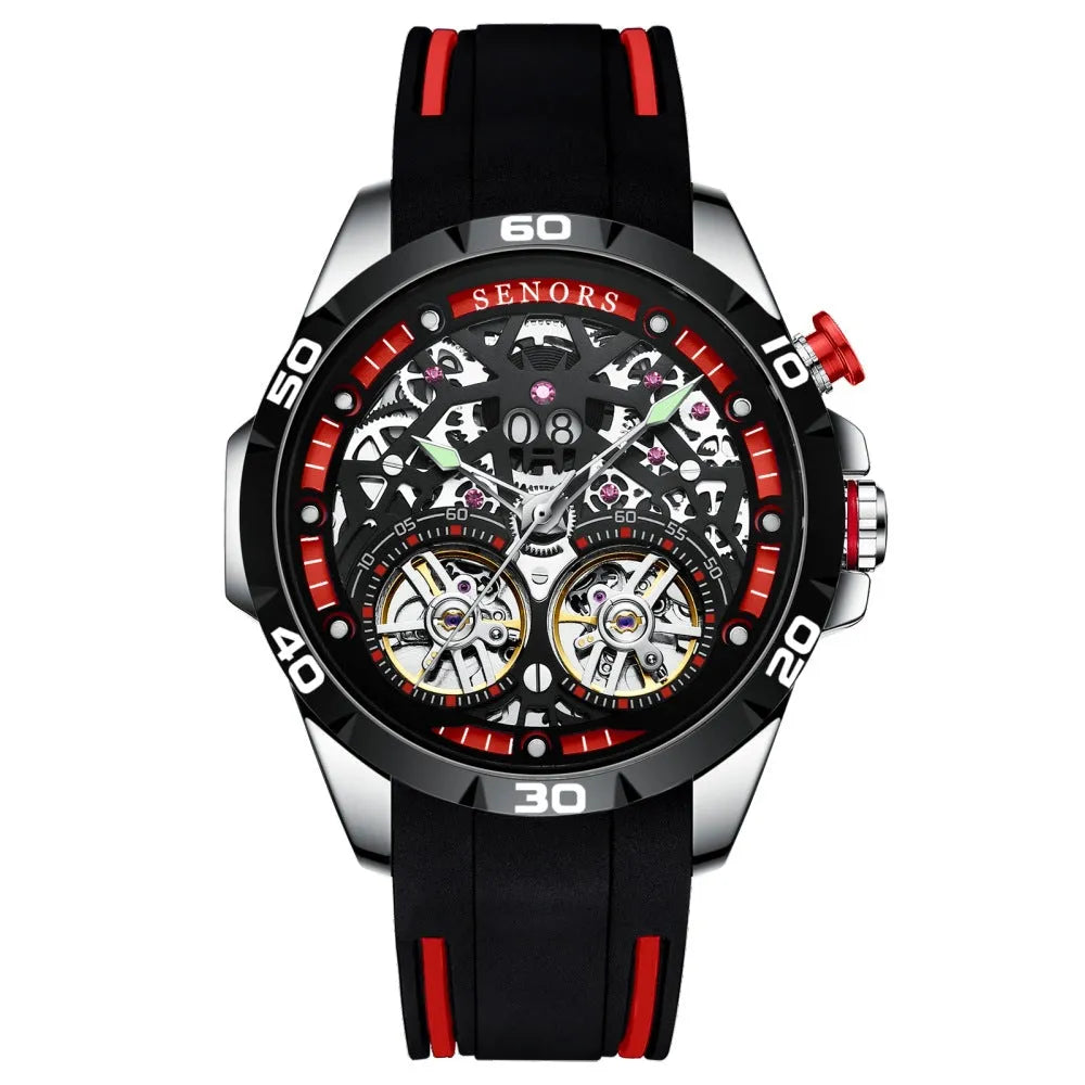 Automatic mechanical men's watch with skeleton hollow dial design showing visible movement