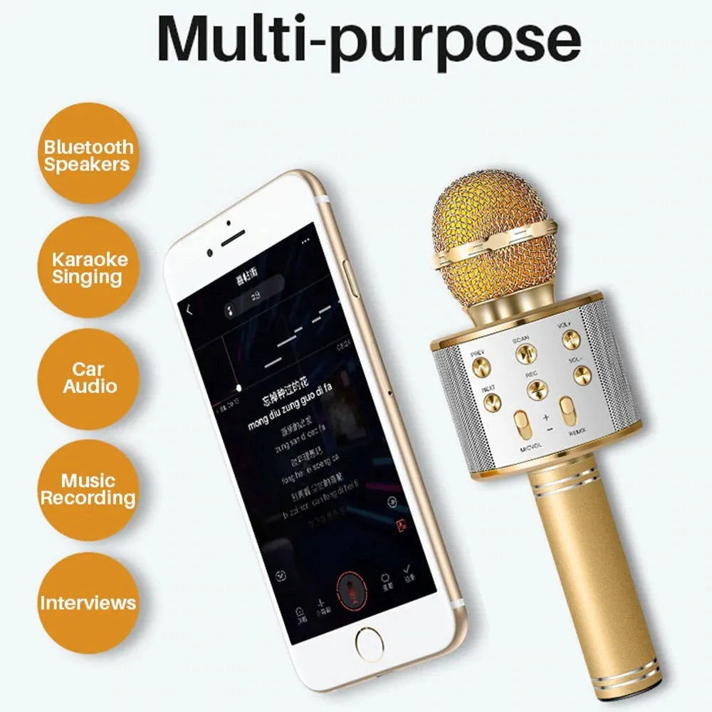 Wireless Bluetooth mini karaoke microphone speaker in black with LED light effects for home singing