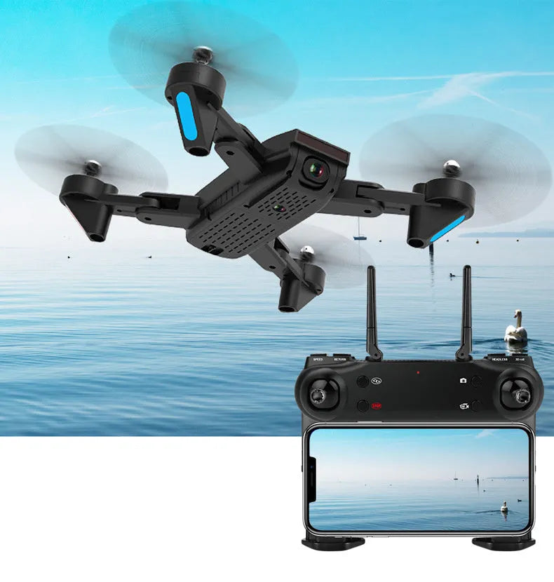 Quadrocopter with dual cameras in black, 4K optical flow, gesture control