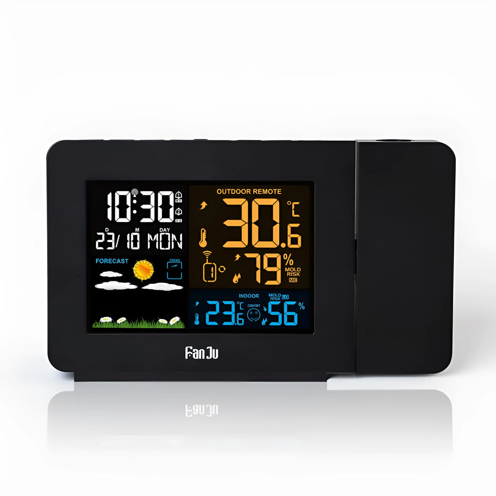 Multifunctional projection alarm clock showing time and temperature, with outdoor sensor and adapter.