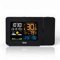 Multifunctional projection alarm clock showing time and temperature, with outdoor sensor and adapter.