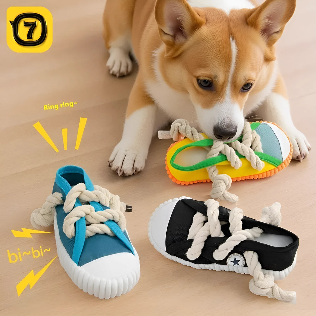 Plastic dog slippers chew toy in yellow colour with bendable design and sound feature