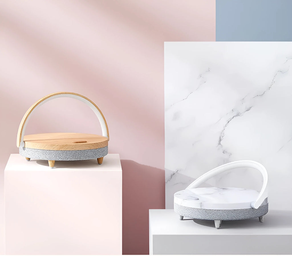 Multi-function wireless charging night light with Bluetooth speaker, touch switch, 191x203x55mm, Marbling or Wood Grain finish