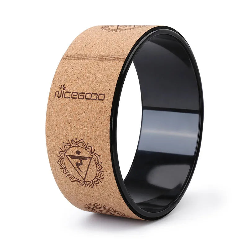 Cork yoga wheel 32cm diameter 12.5cm wide in classic black or ivory white with natural cork rubber and ABS construction