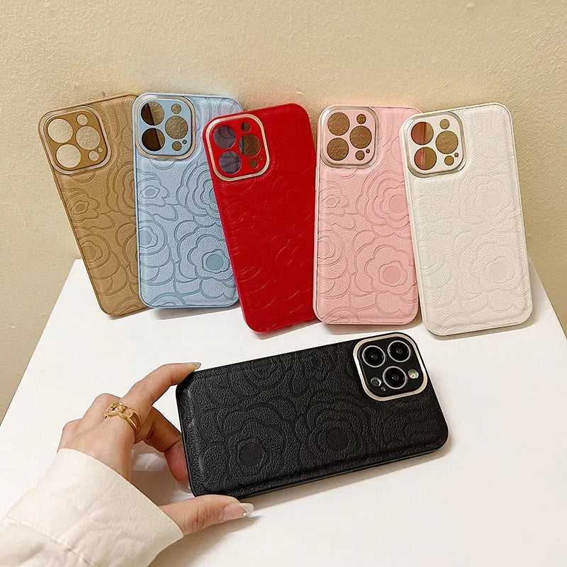 Camellia leather pattern drop-resistant phone case for iPhone with soft edge hard back design in Antique White