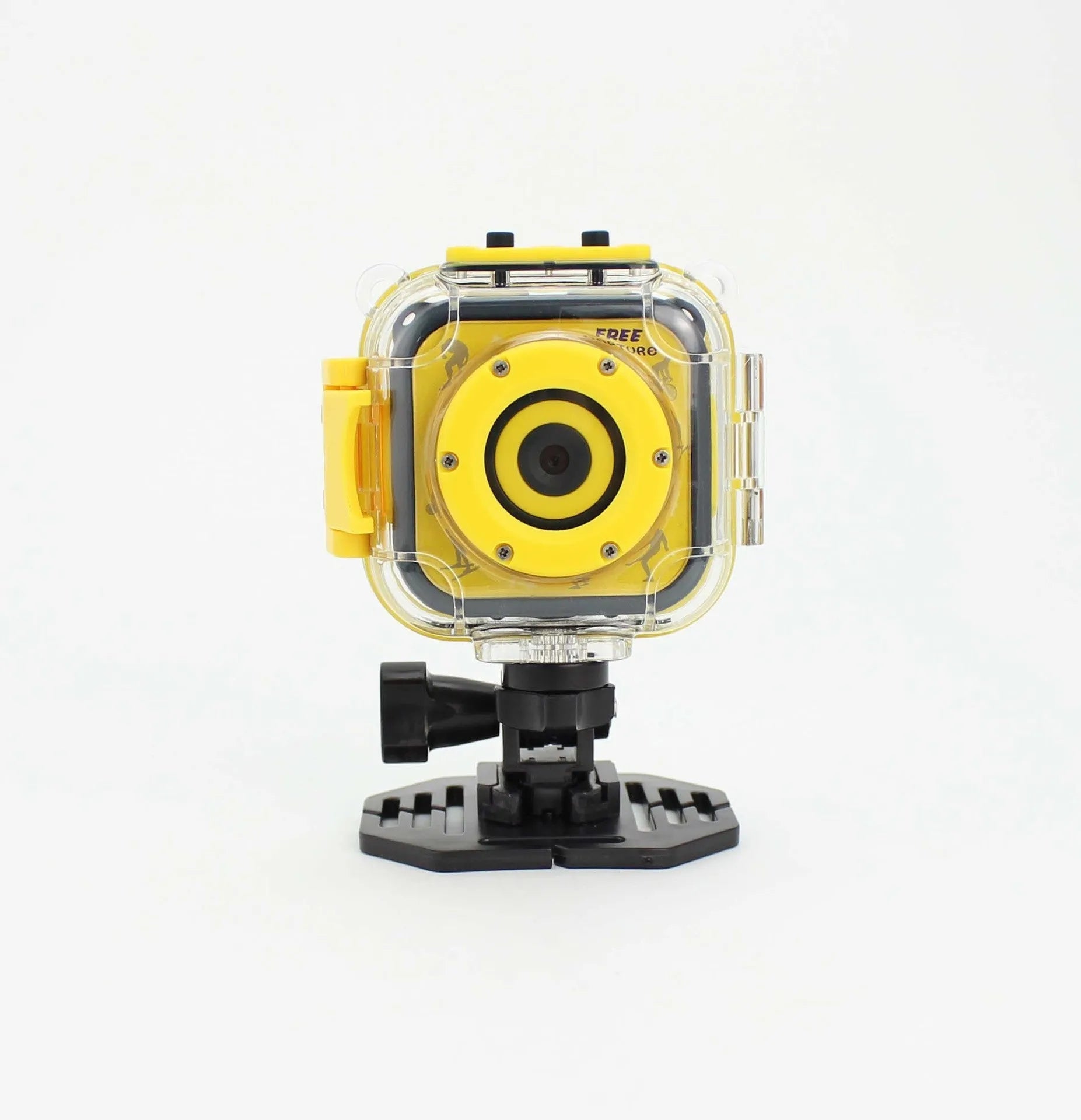 Yellow children's waterproof sports camera showing 1.77-inch LCD screen and compact 60mm design