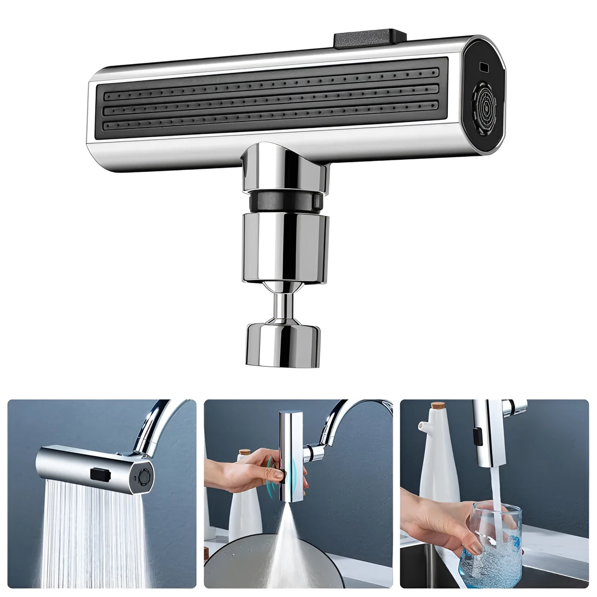 Black ABS kitchen faucet extension with rotating bubbler and waterfall outlet mode on a modern sink