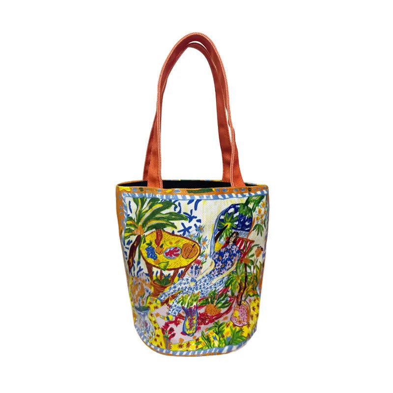 Thailand artistic bucket bag in Dream Garden orange plush with double straps and canvas lining