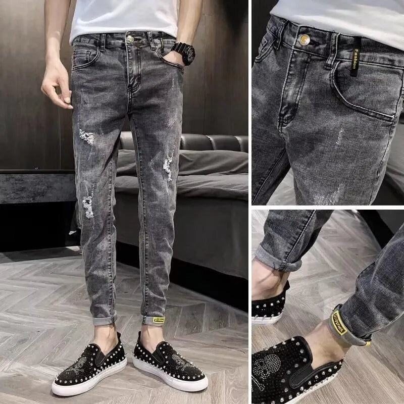 New Youth all-matching high-grade denim trousers for men high waist button fly cotton