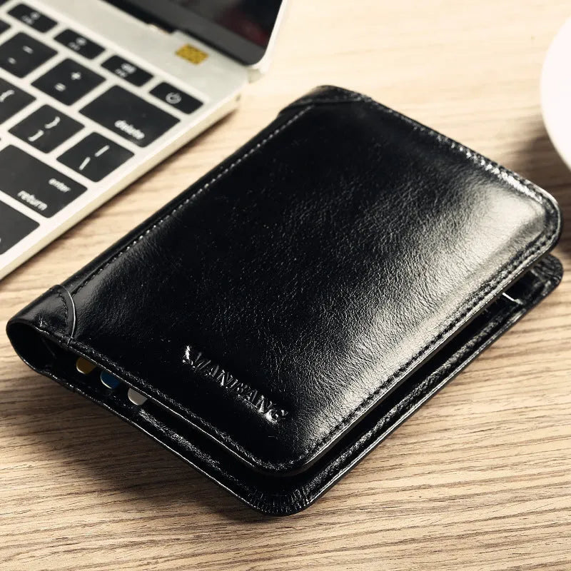 Men's black leather wallet showing multiple card slots, coin pocket, and document section