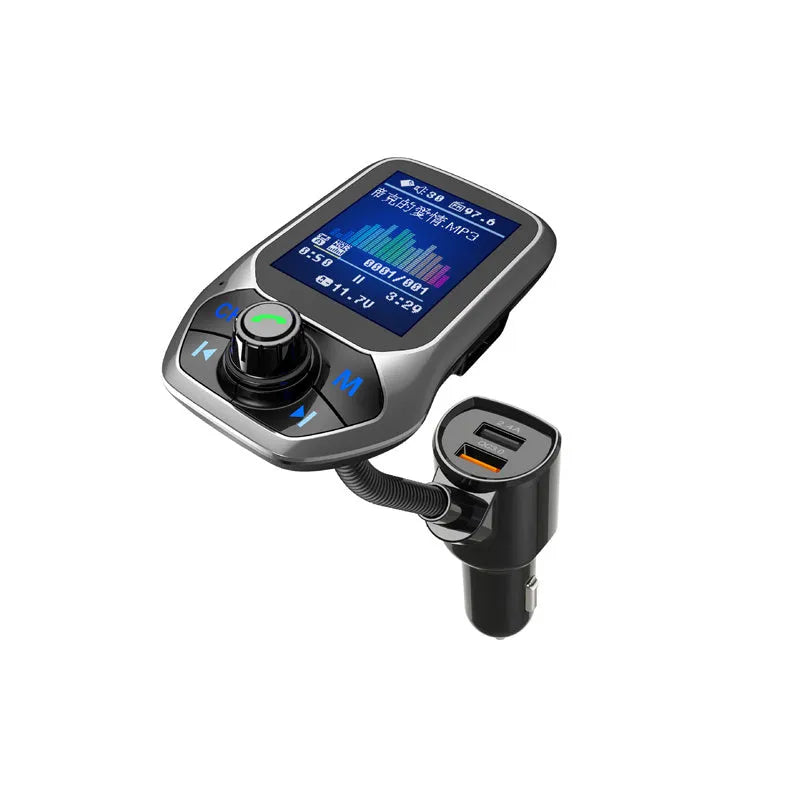 QC3.0 Bluetooth FM transmitter with dual USB ports, LCD display, TF card slot, and car battery voltage detection.