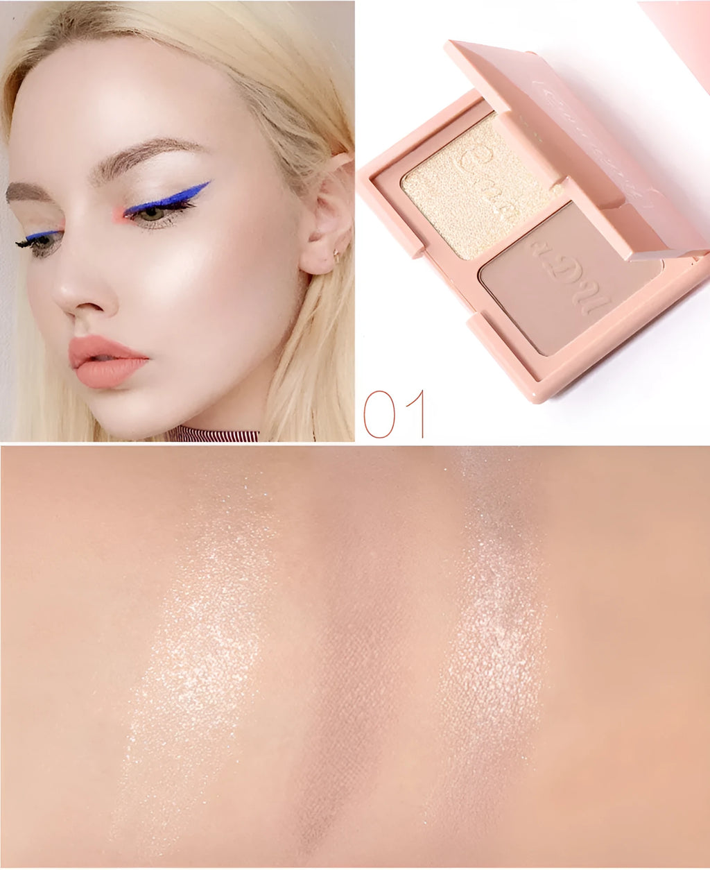 Two-tone blush highlighter and contouring palette 90x70mm with three colour combinations: warm grey shadow, warm orange blush, peach apricot pink blush
