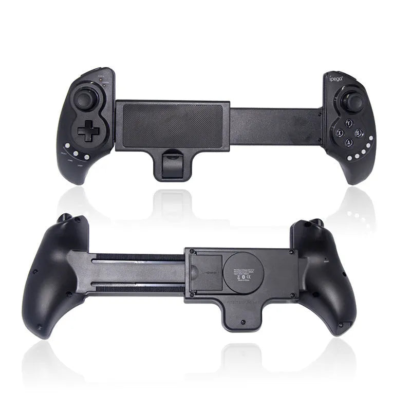 Black wireless Bluetooth controller with telescopic stand extended holding a smartphone in landscape orientation
