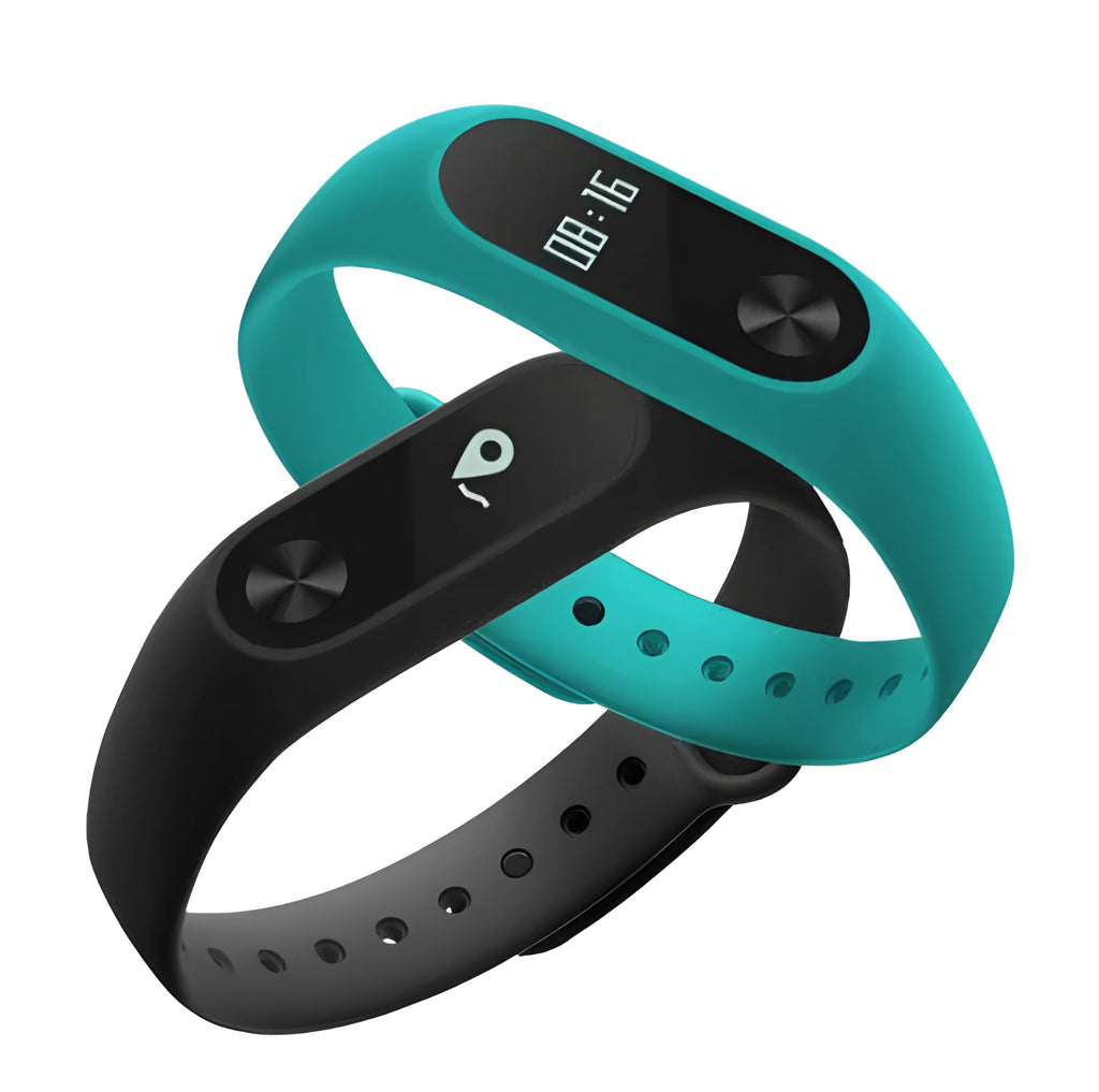 Black Xiaomi Mi Band 2 smartband with OLED screen on an adjustable thermoplastic wrist strap.