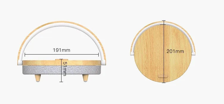 Multi-function wireless charging night light with Bluetooth speaker, touch switch, 191x203x55mm, Marbling or Wood Grain finish