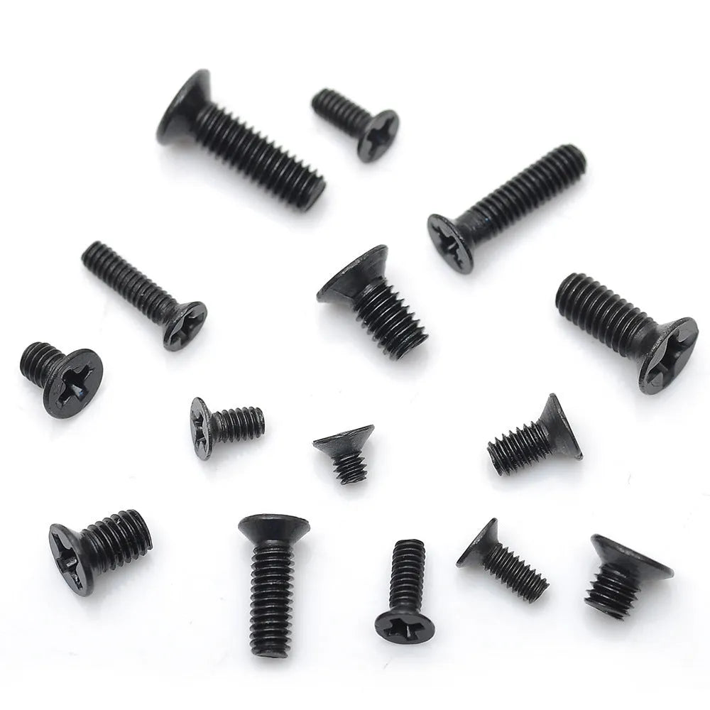 Box of small black countersunk head machine screws for laptop and electronics repair.