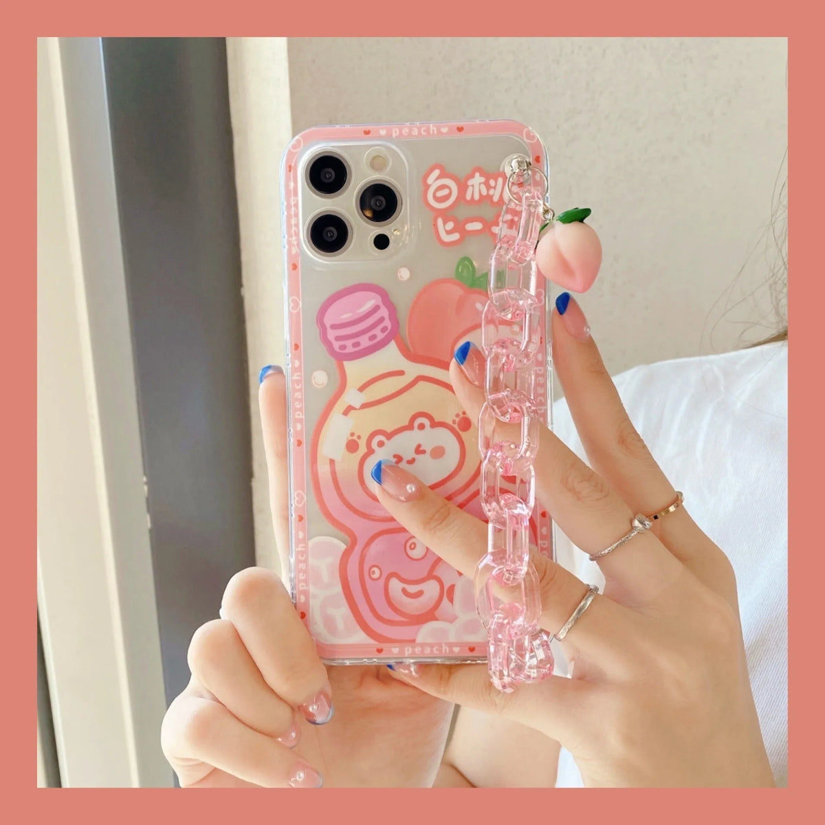 Bear white peach juice silicone phone case with summer drink chain design and bracelet for iPhone 11