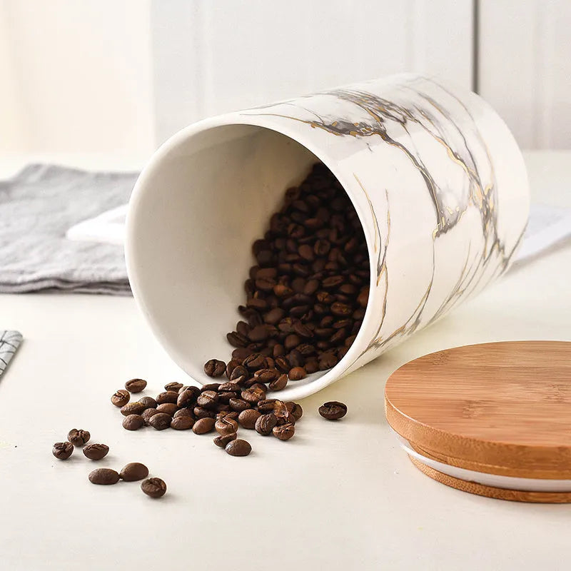 Marbled ceramic airtight jar with wooden lid in large, medium, and small sizes for kitchen storage