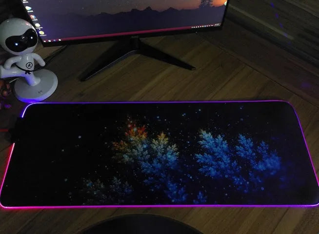 RGB luminous mouse pad with switch control, multiple sizes, 3mm or 4mm thickness, and 2m data cable included.