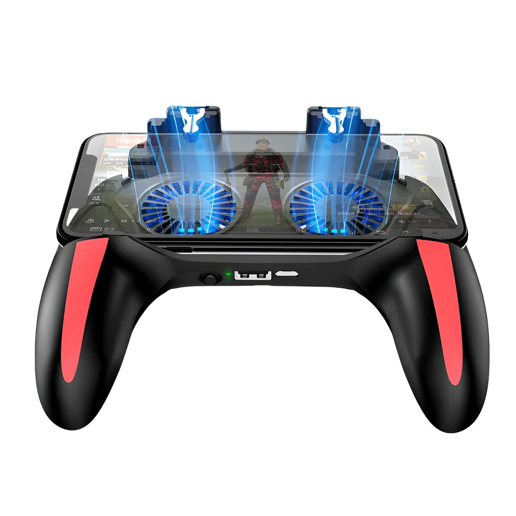 H10 Android mobile phone game controller with touch screen, shown next to a smartphone.