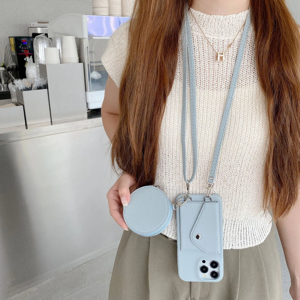 PC leather card holder coin purse crossbody phone case for iPhone, available in black, orange, and white