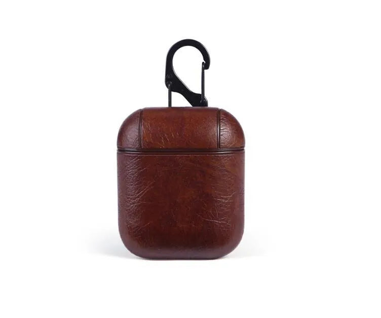 Leather protective case for Apple AirPods charging case in black, brown, red, and light brown options.