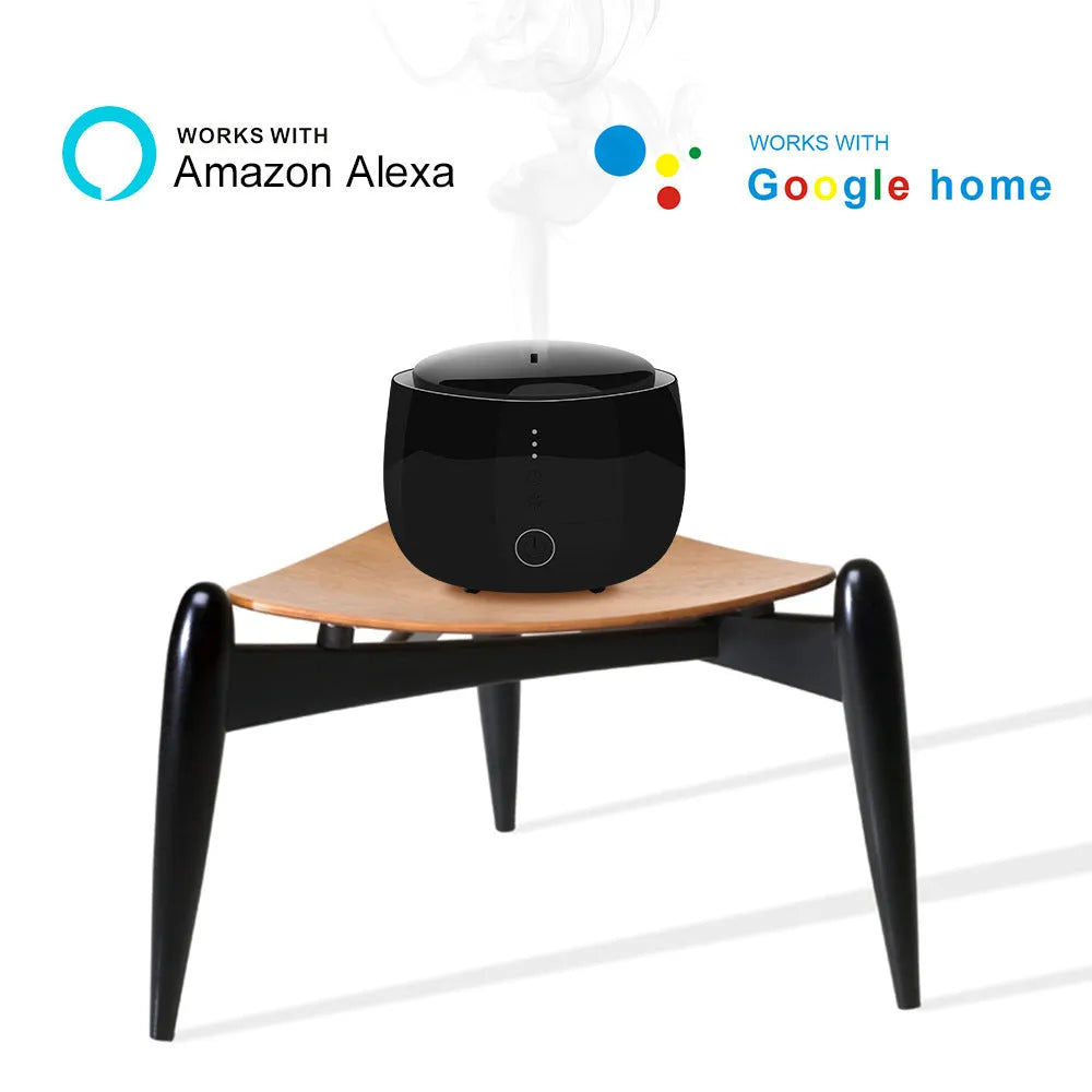Black smart home aromatherapy humidifier with 300ml tank, LED lights, and touch control, 144mm base diameter.