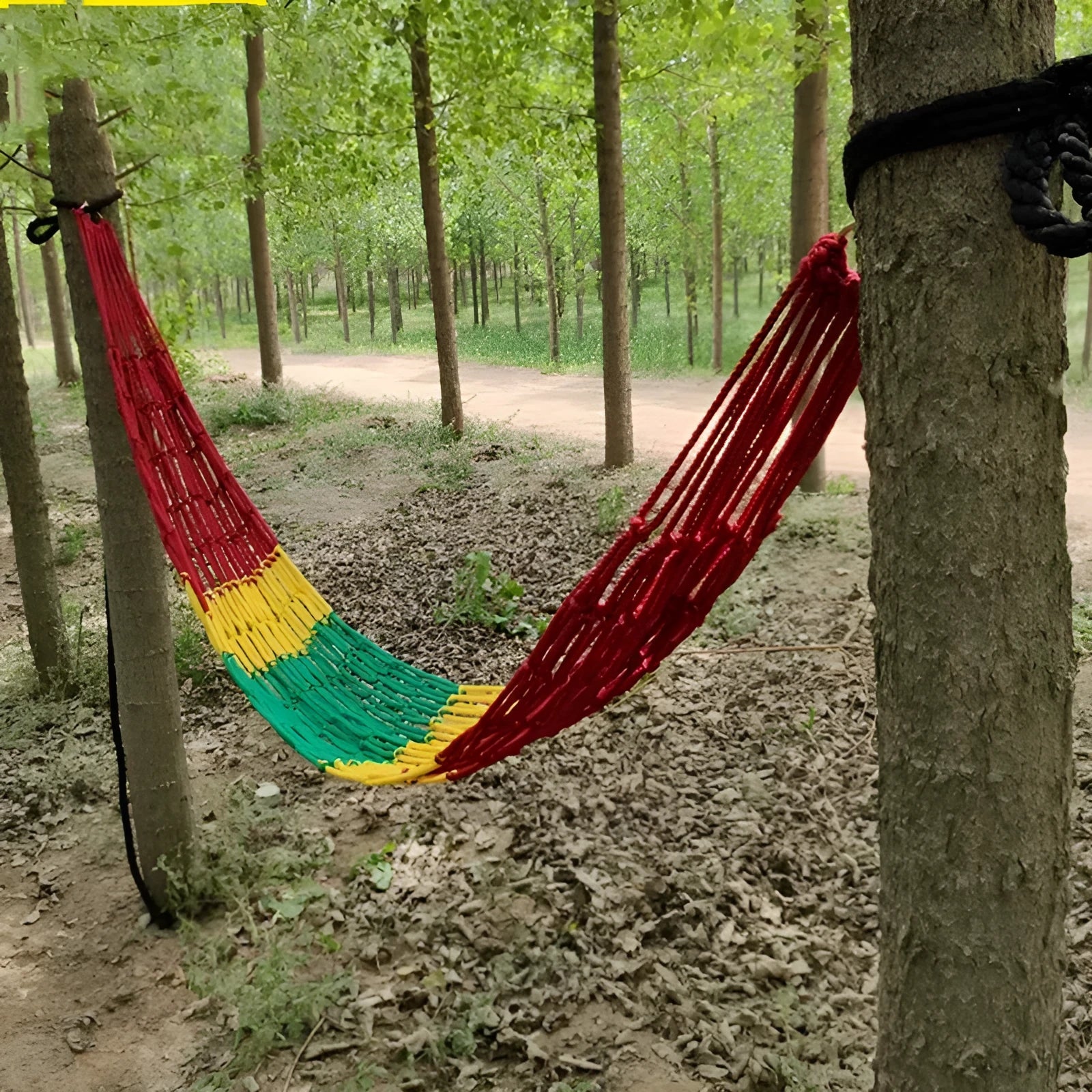 Outdoor nylon rope mesh hammock measuring 1.1m wide by 2.1m long with tying ropes