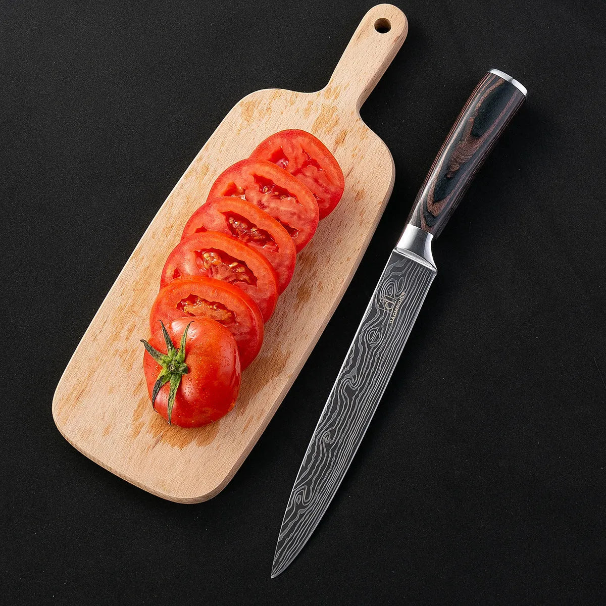 Kitchen chef knife with laser Damascus pattern on 5Cr15 steel blade and colour steel handle